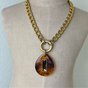 Upcycled Gold Tone Tortoise Shell Lucite Pendant Necklace